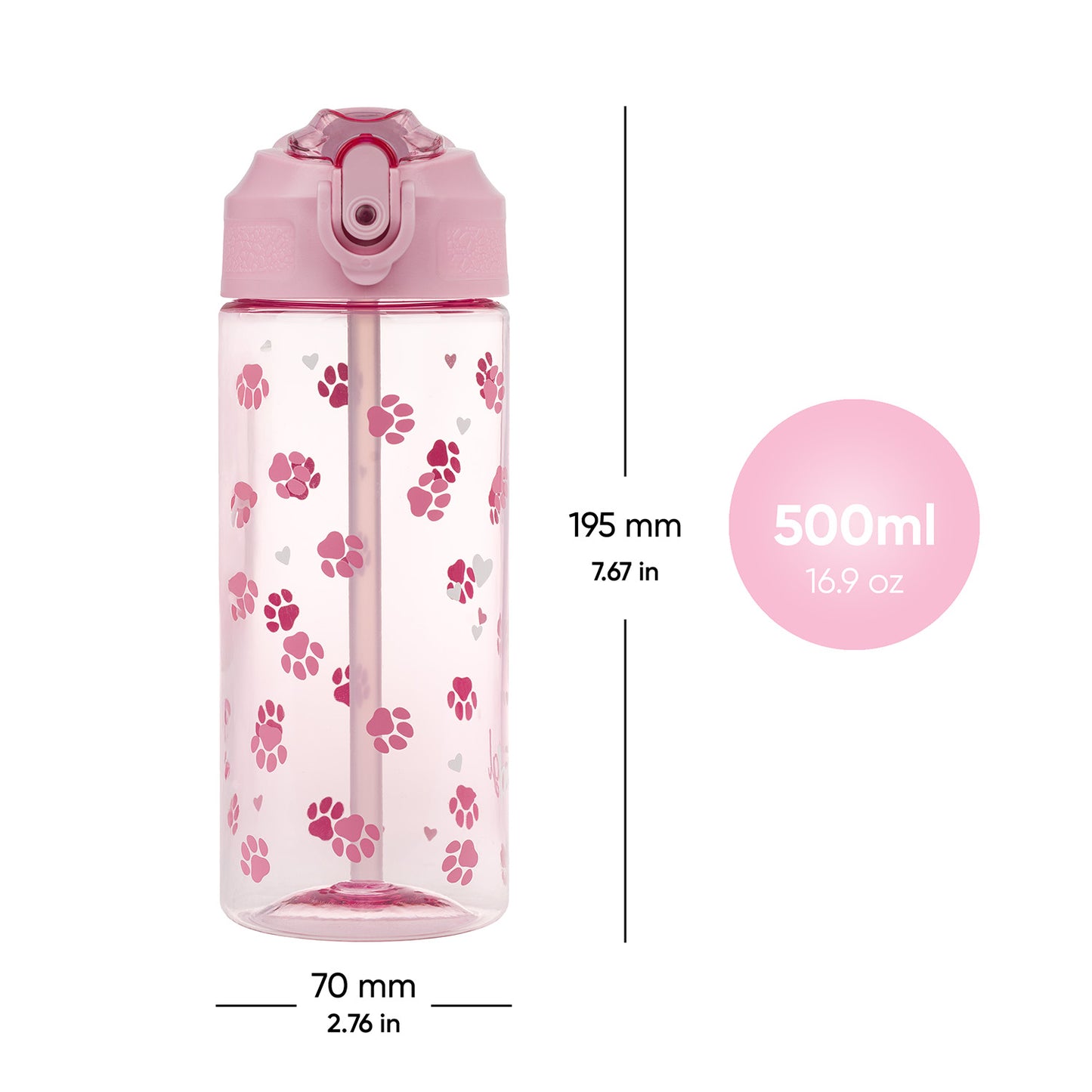 Tritanová láhev na pití s brčkem Tlapky, 500 ml