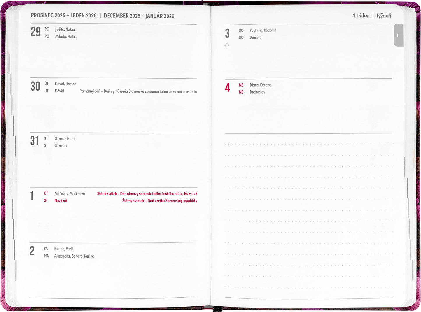 18měsíční diář Petito – Fialové květy 2025/2026, 11 x 17 cm