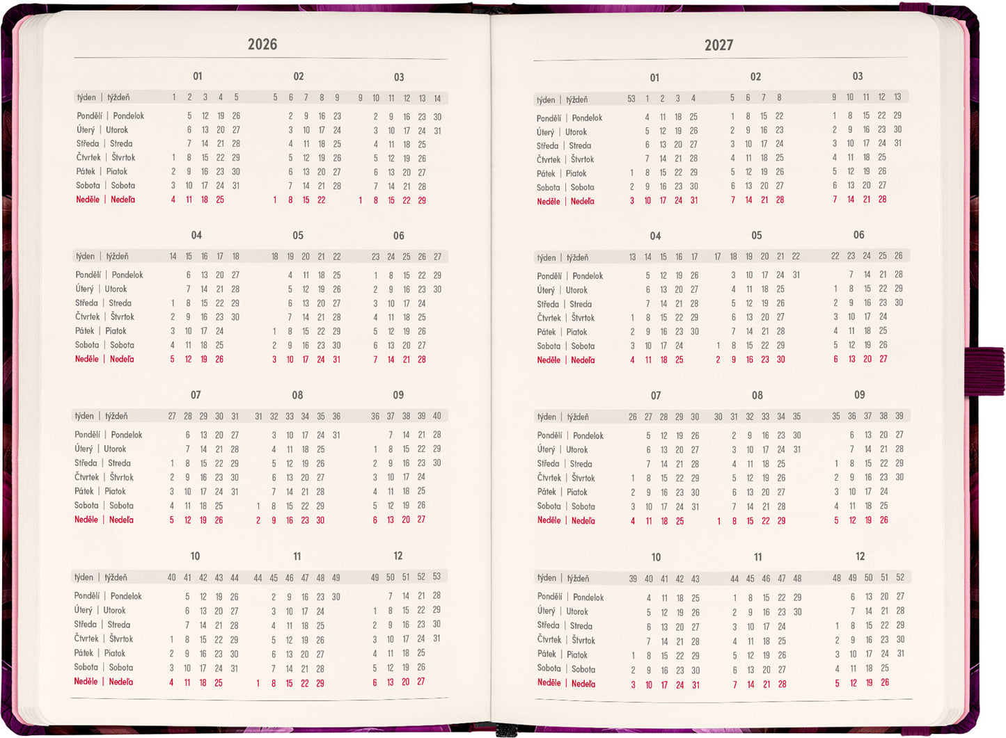 Planbook diář/notes Fialové květy 2026, 13 x 21 cm