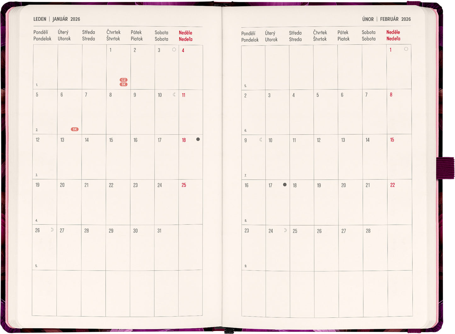 Planbook diář/notes Fialové květy 2026, 13 x 21 cm