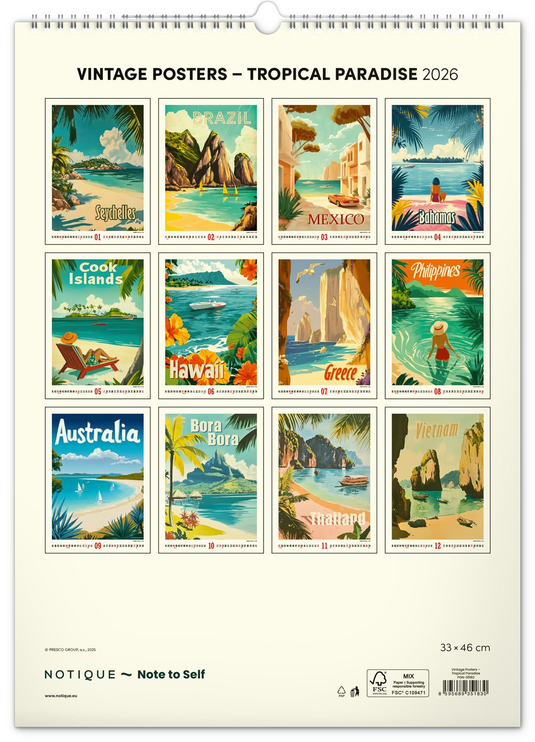 Nástěnný kalendář Vintage plakáty – tropické ráje 2026, 33 x 46 cm