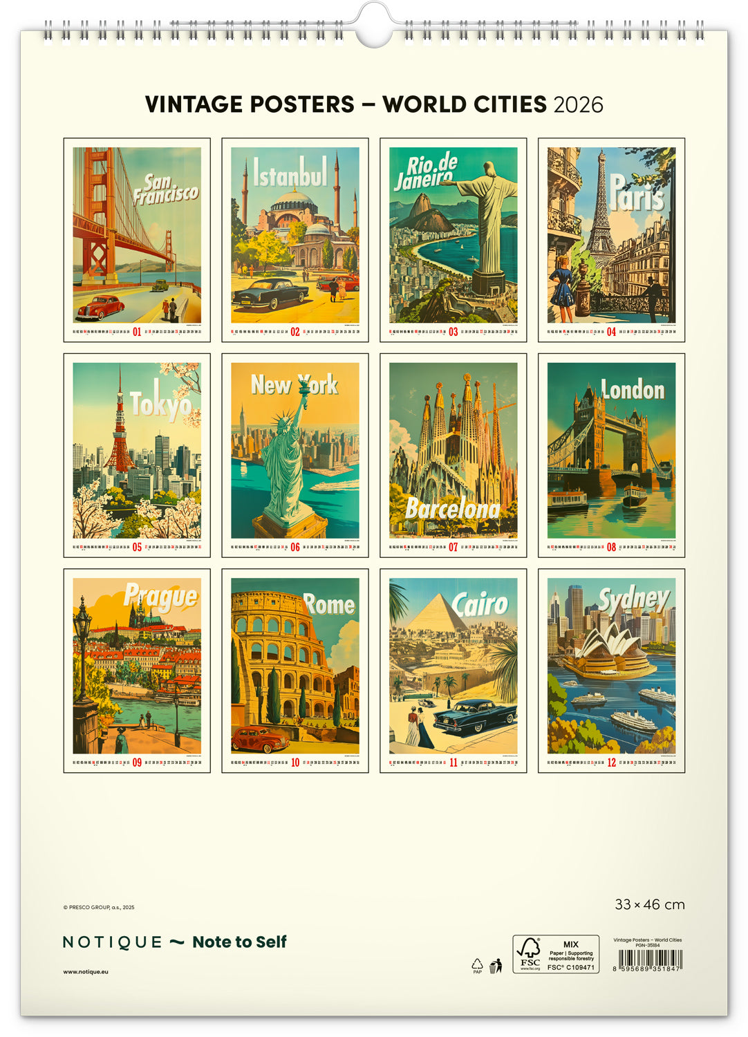 Nástěnný kalendář Vintage plakáty – světová města 2026, 33 x 46 cm