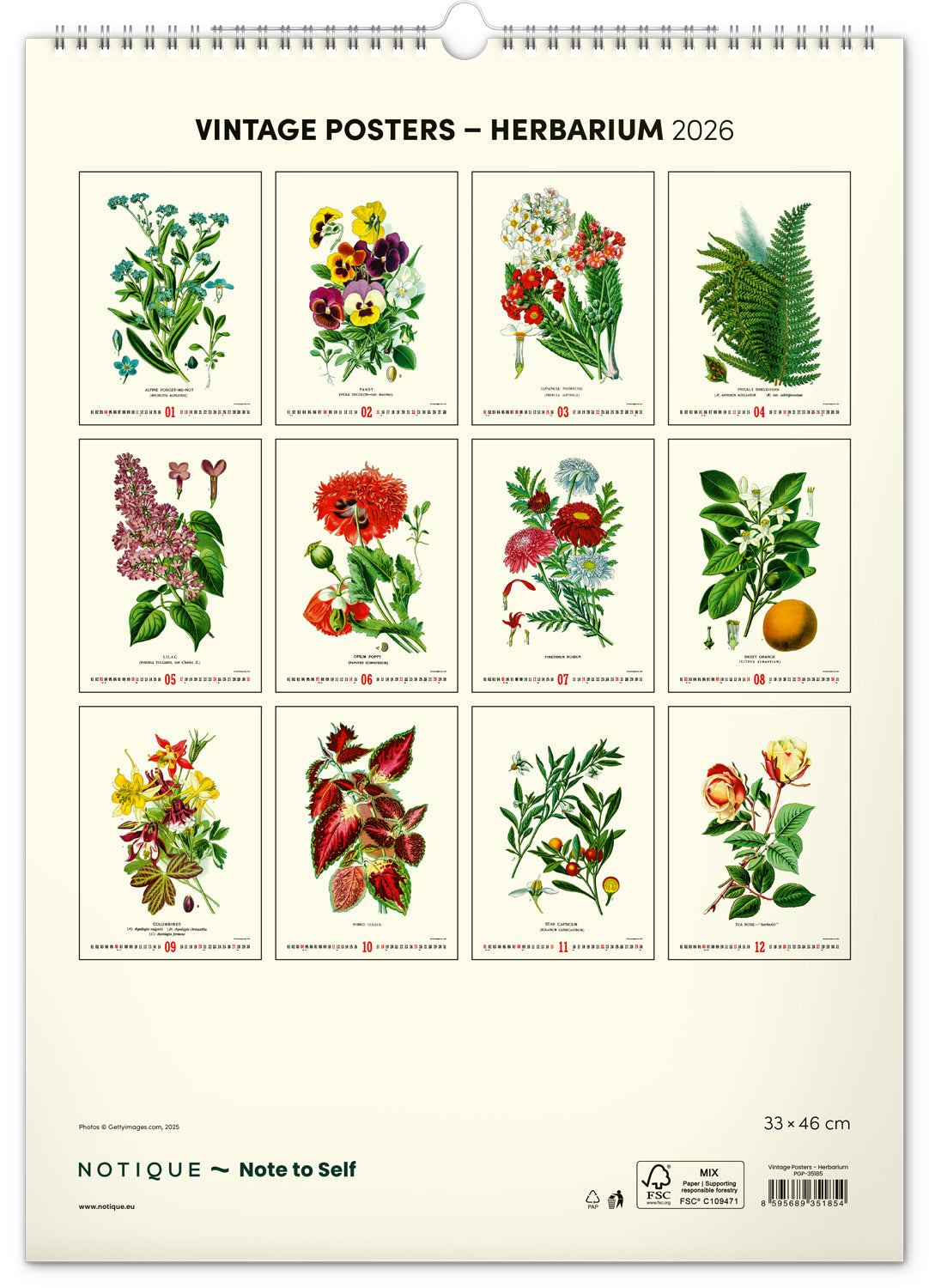 Nástěnný kalendář Vintage plakáty – herbář 2026, 33 x 46 cm
