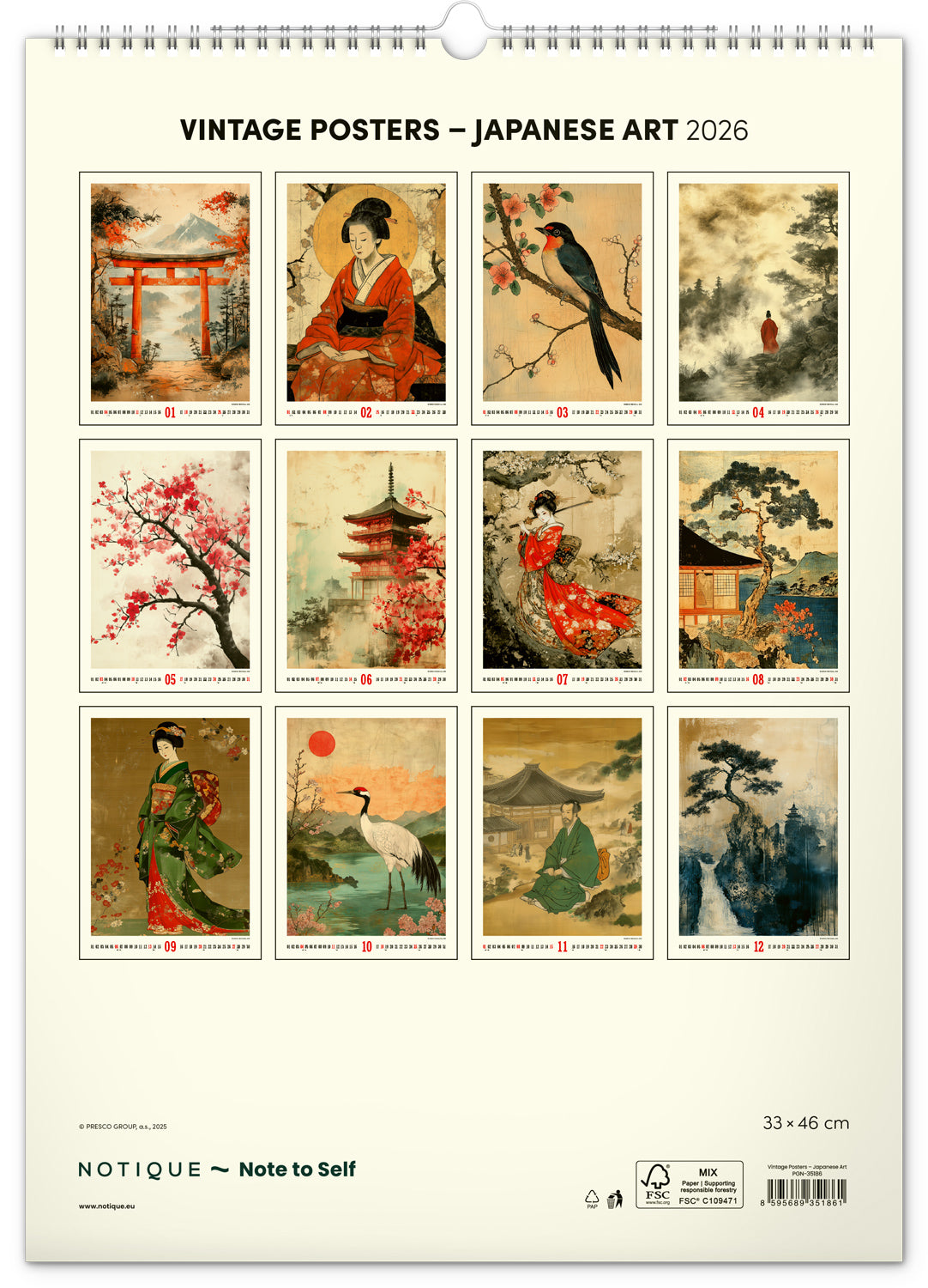 Nástěnný kalendář Vintage plakáty – japonské umění 2026, 33 x 46 cm