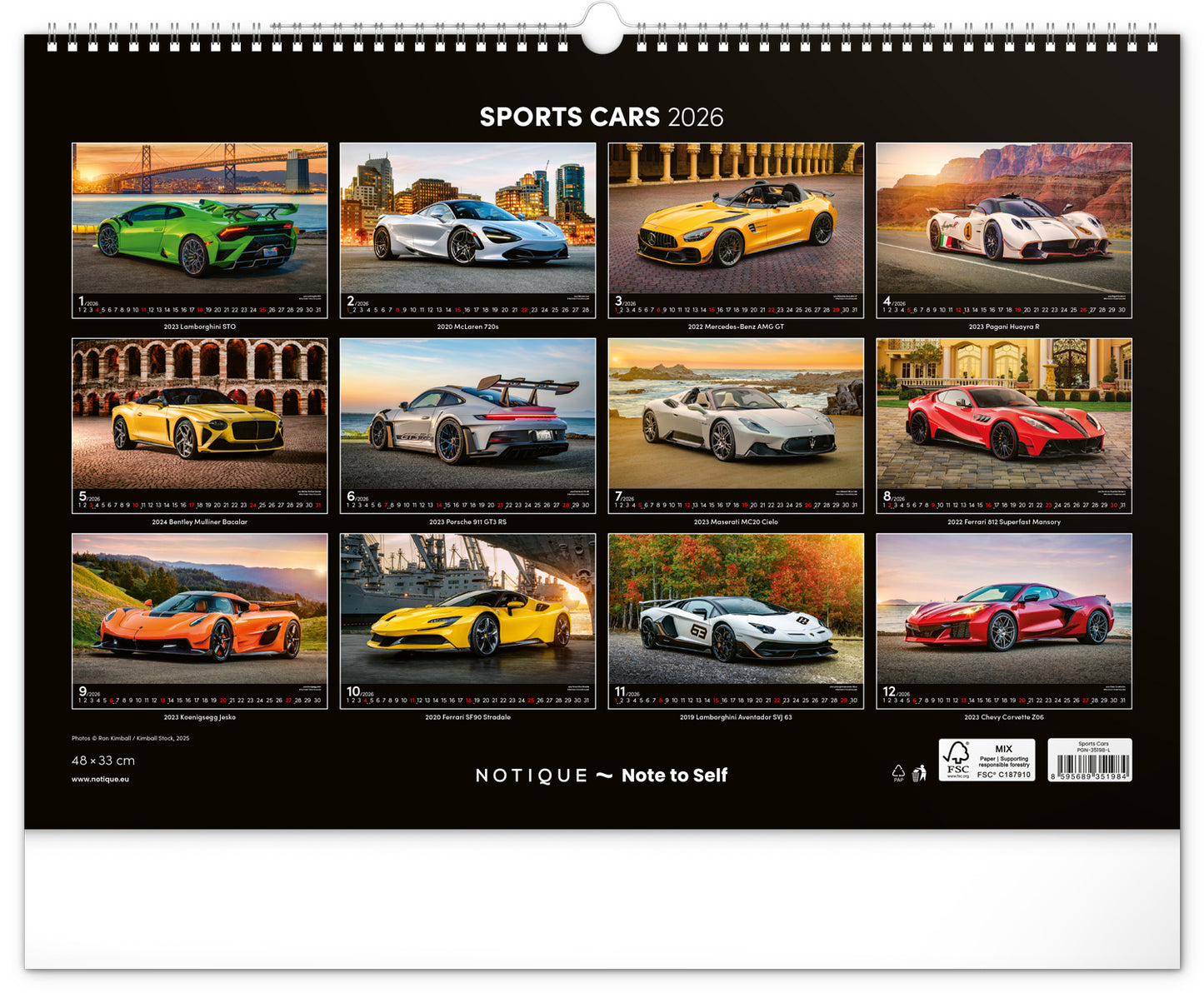 Nástěnný kalendář Auta 2026, 48 x 33 cm