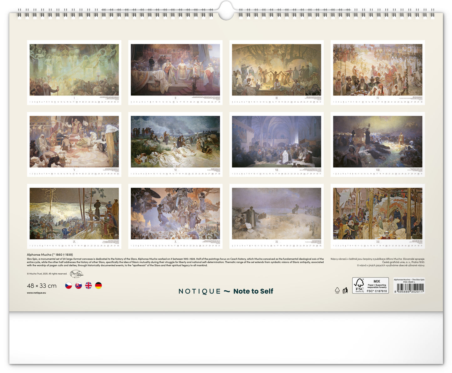 Nástěnný kalendář Slovanská epopej – Alfons Mucha 2026, 48 x 33 cm