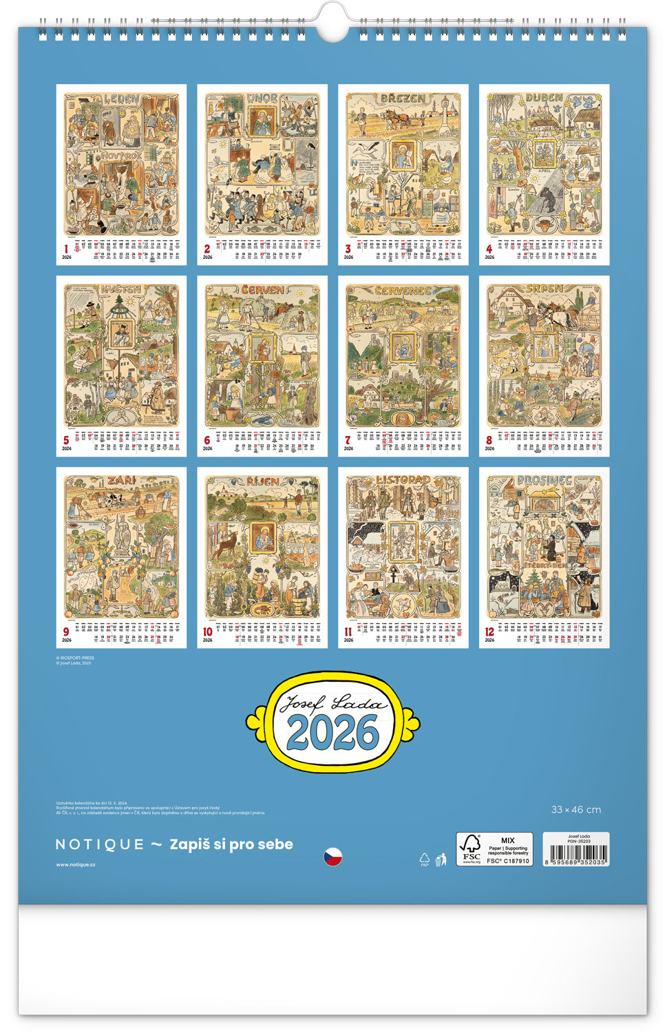 Nástěnný kalendář Josef Lada 2026, 33 x 46 cm