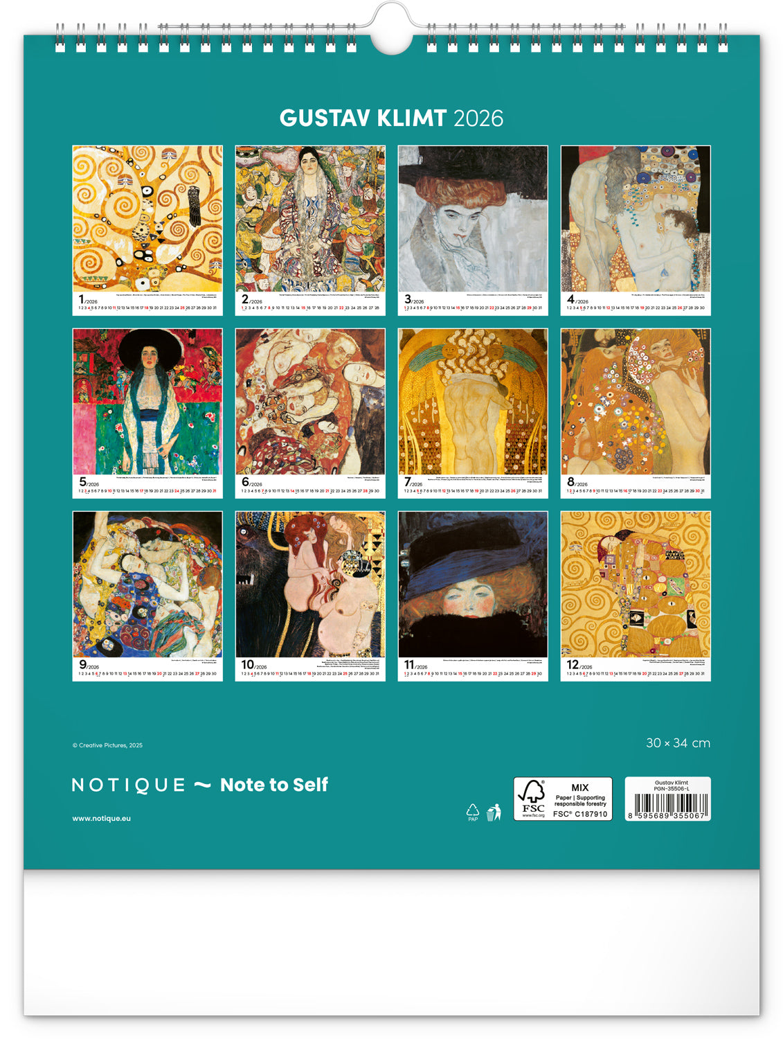 Nástěnný kalendář Gustav Klimt 2026, 30 x 34 cm