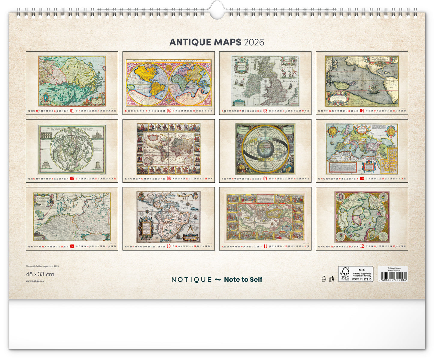 Nástěnný kalendář Staré mapy 2026, 48 x 33 cm