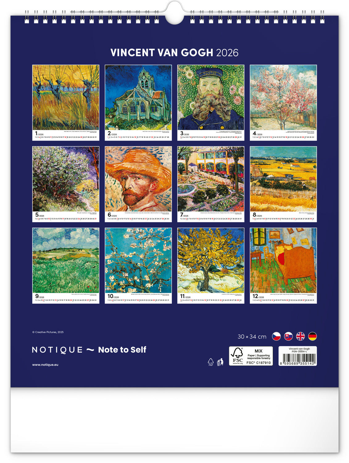 Nástěnný kalendář Vincent van Gogh 2026, 30 x 34 cm