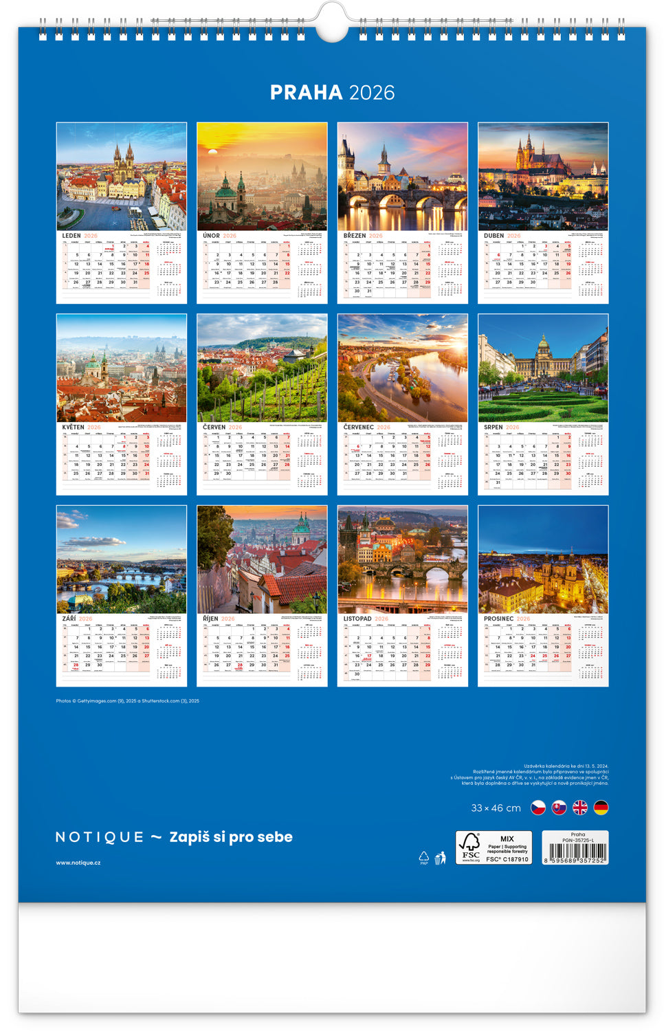 Nástěnný kalendář Praha 2026, 33 x 46 cm