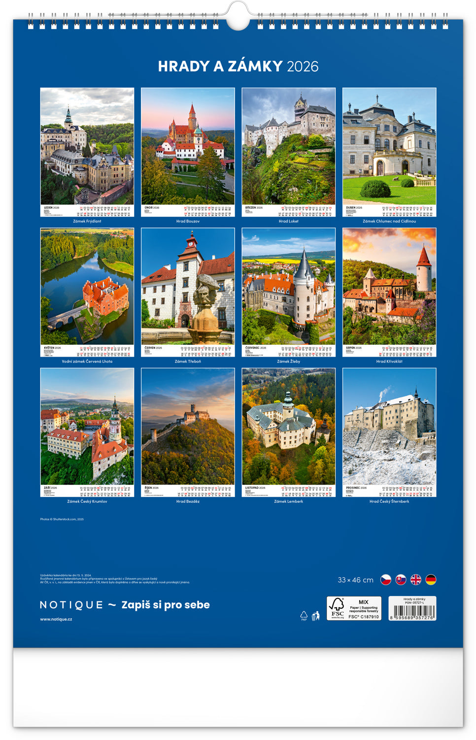 Nástěnný kalendář Hrady a zámky 2026, 33 x 46 cm
