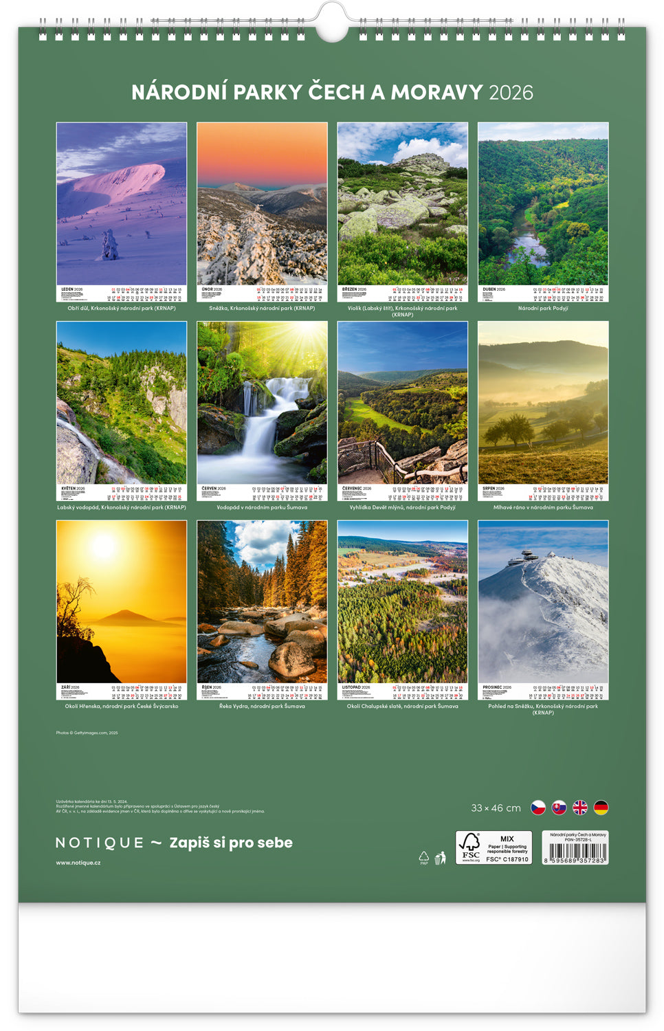Nástěnný kalendář Národní parky Čech a Moravy 2026, 33 x 46 cm