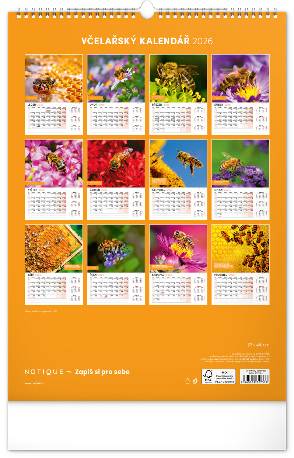Nástěnný Včelařský kalendář 2026, 33 x 46 cm