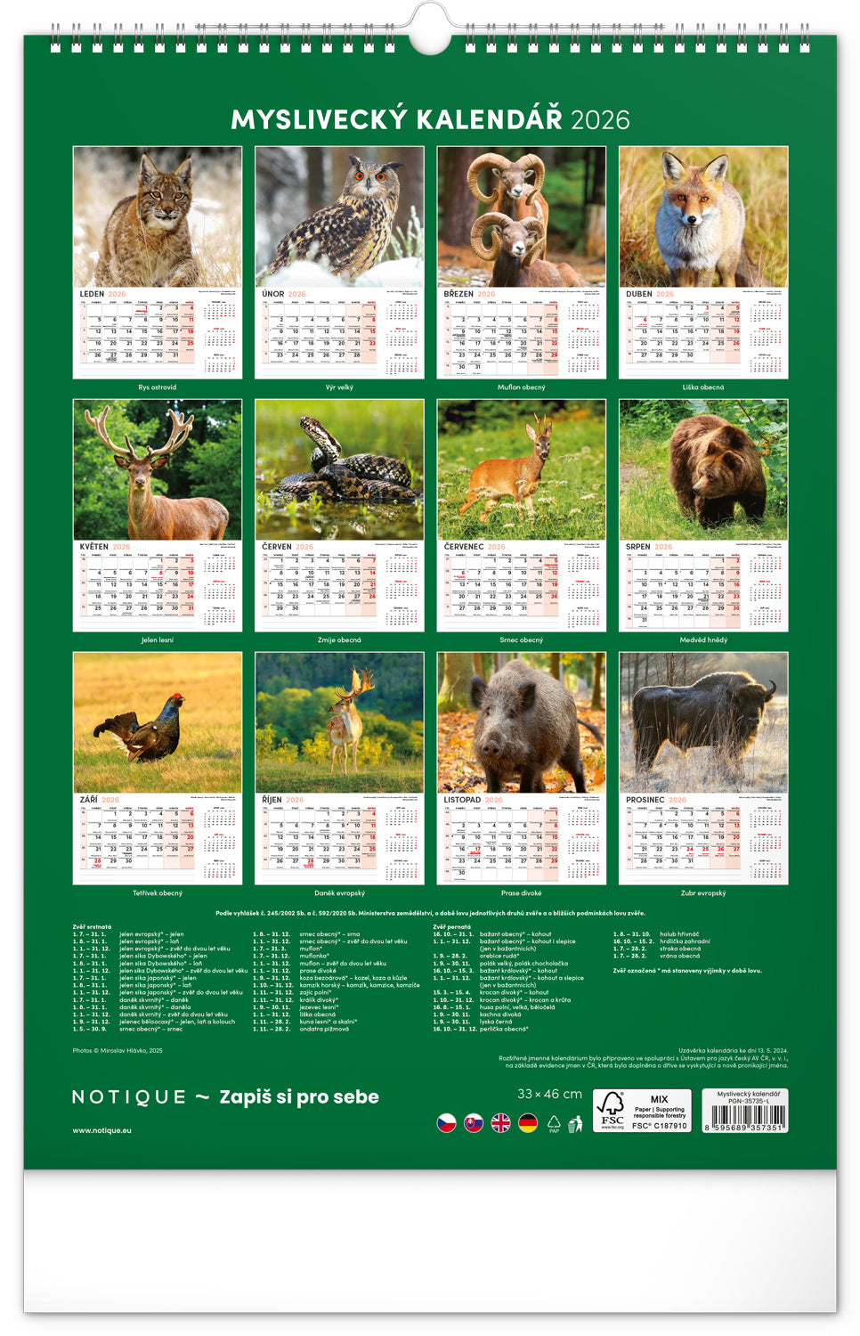 Nástěnný kalendář Myslivecký 2026, 33 x 46 cm