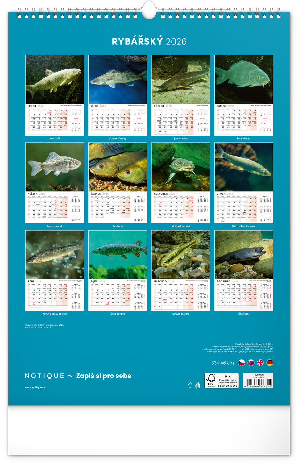 Nástěnný kalendář Rybářský 2026, 33 x 46 cm