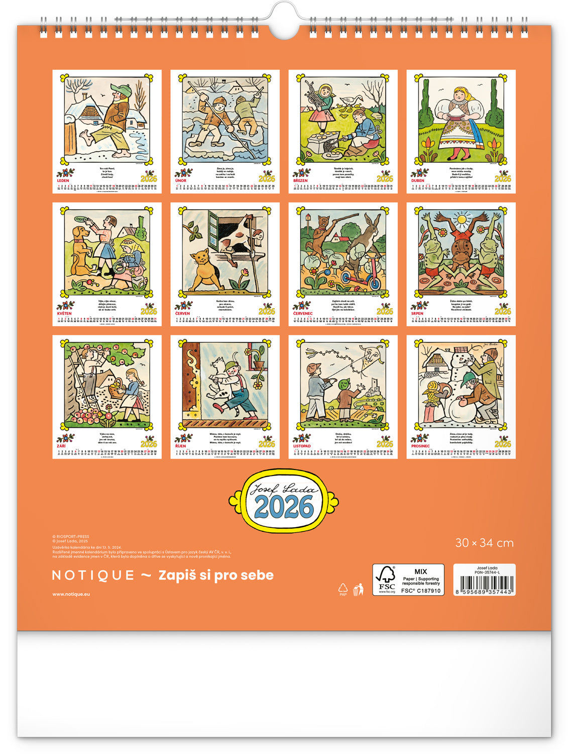 Nástěnný kalendář Josef Lada – Říkadla 2026, 30 x 34 cm