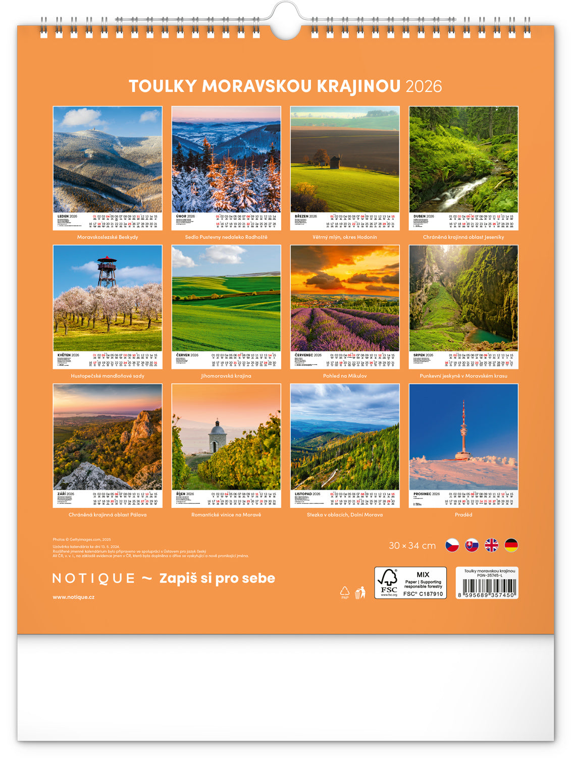 Nástěnný kalendář Toulky moravskou krajinou 2026, 30 x 34 cm
