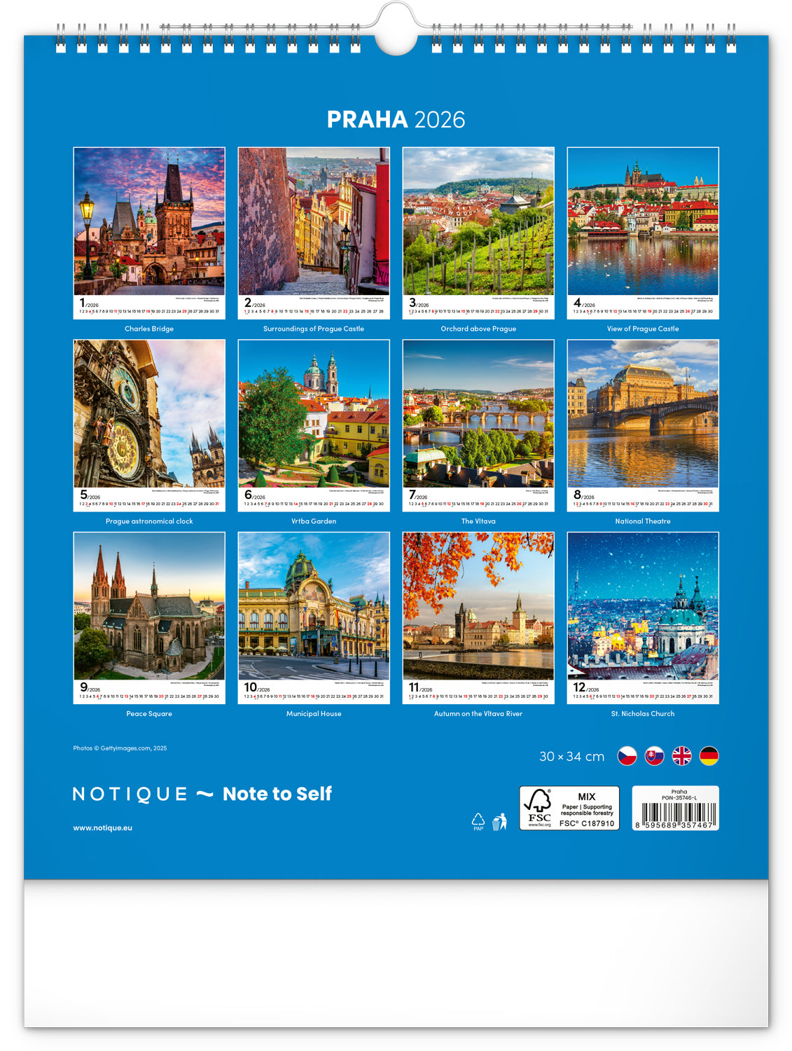 Nástěnný kalendář Praha 2026, 30 x 34 cm