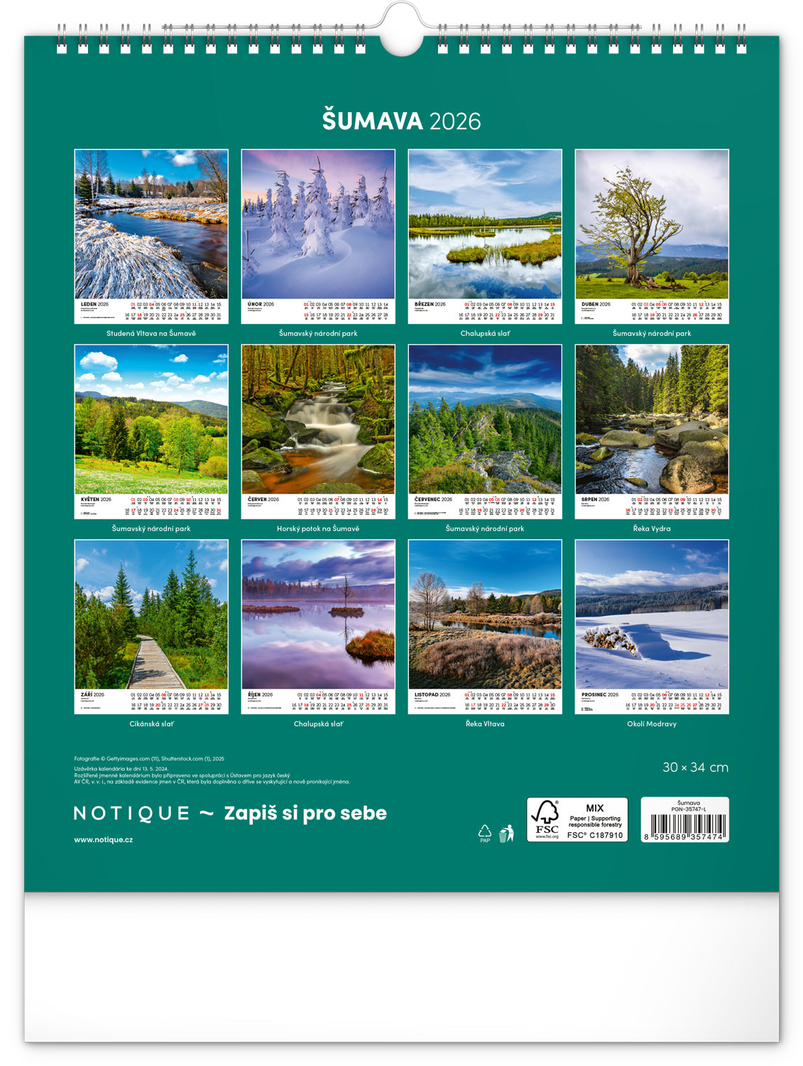 Nástěnný kalendář Šumava 2026, 30 x 34 cm