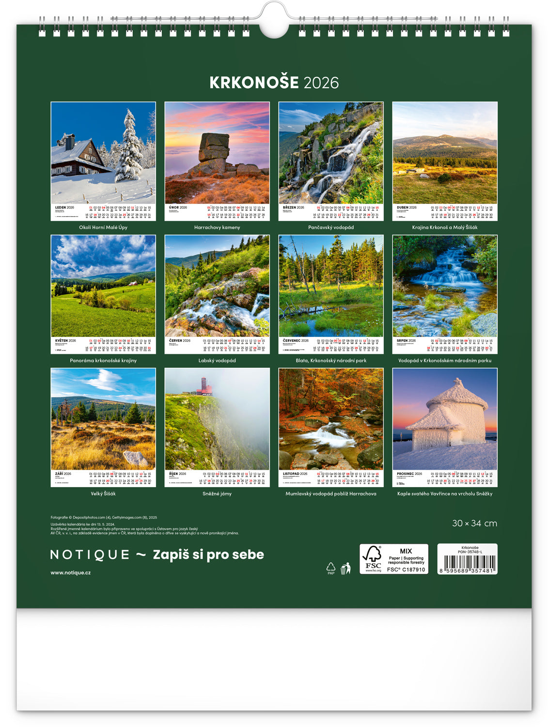 Nástěnný kalendář Krkonoše 2026, 30 x 34 cm