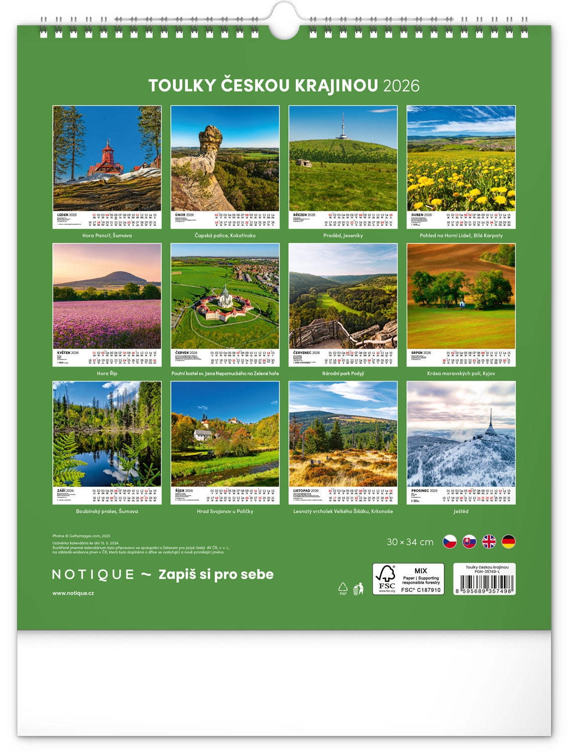 Nástěnný kalendář Toulky českou krajinou 2026, 30 x 34 cm
