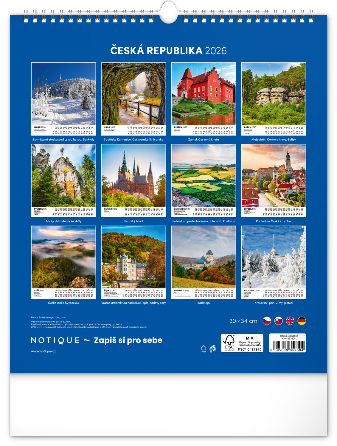 Nástěnný kalendář Česká republika 2026, 30 x 34 cm