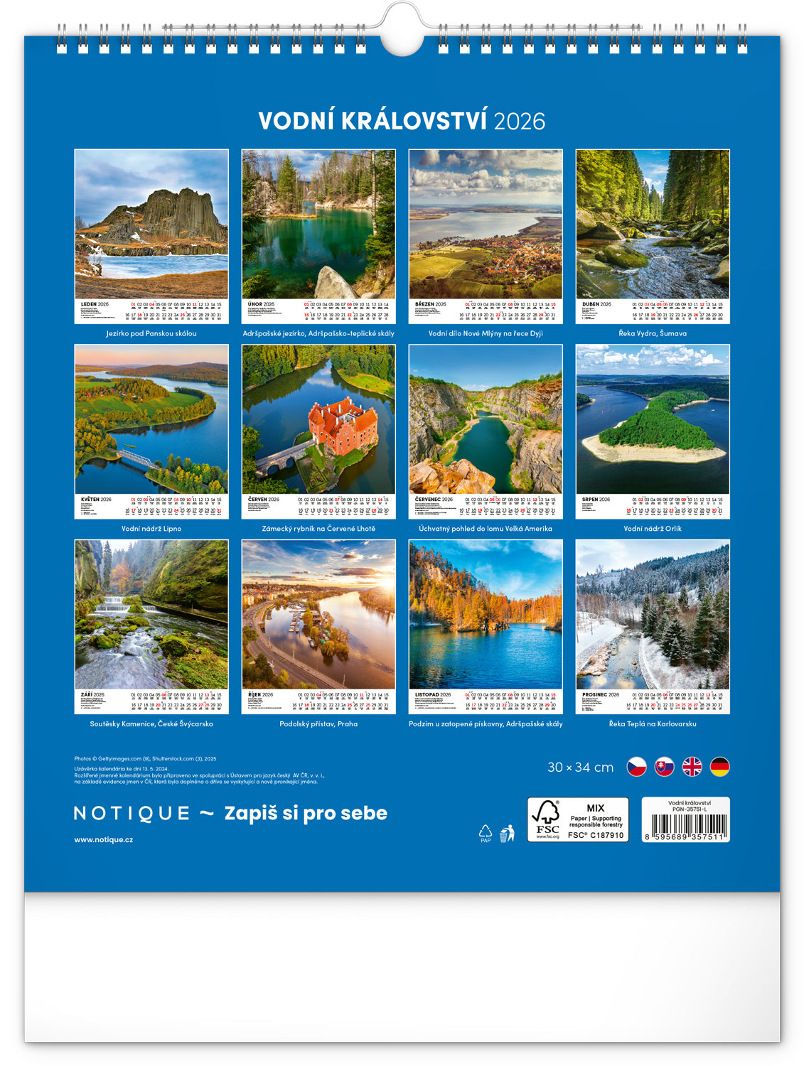 Nástěnný kalendář Vodní království 2026, 30 x 34 cm