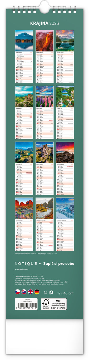 Nástěnný kalendář Krajina 2026, 12 x 48 cm