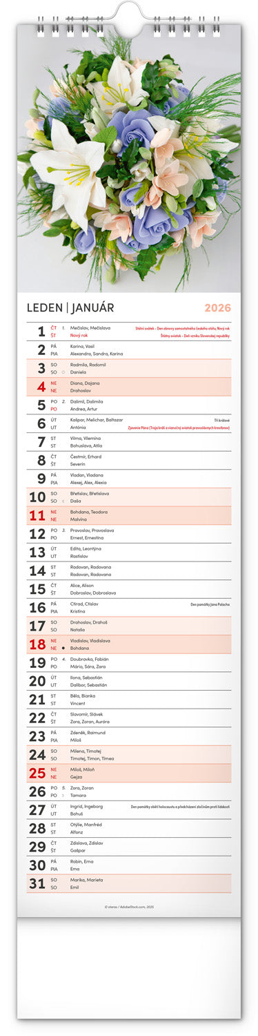 Nástěnný kalendář Květiny – Kvety 2026, 12 x 48 cm