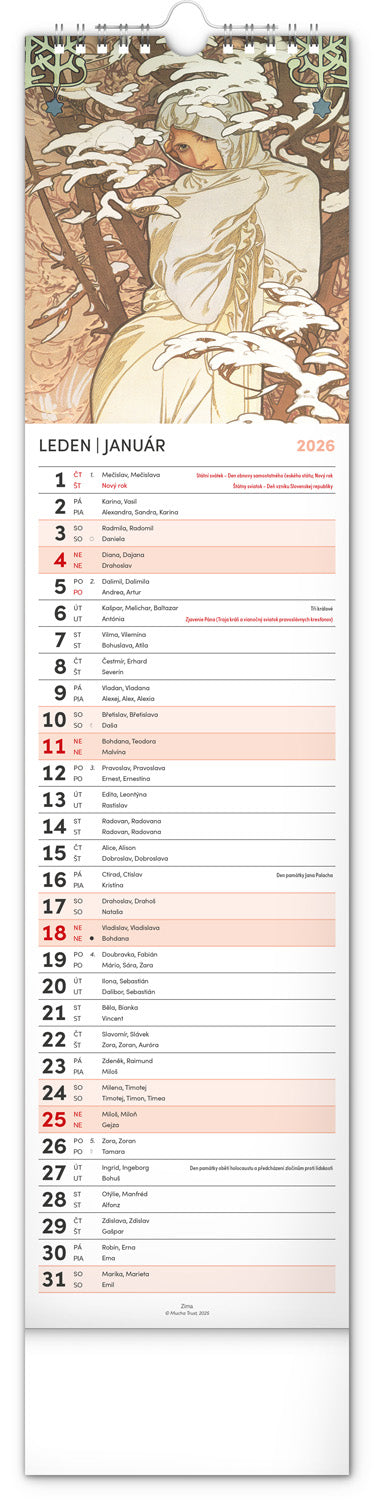 Nástěnný kalendář Alfons Mucha 2026, 12 x 48 cm