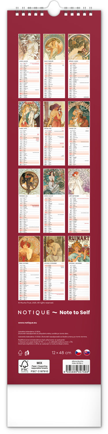 Nástěnný kalendář Alfons Mucha 2026, 12 x 48 cm