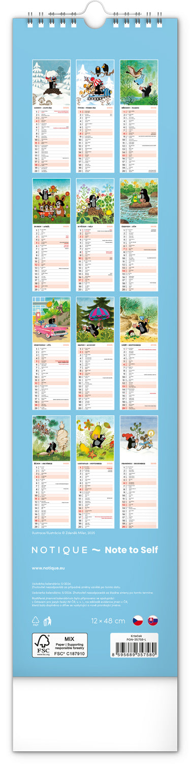Nástěnný kalendář Krteček – Krtko 2026, 12 x 48 cm
