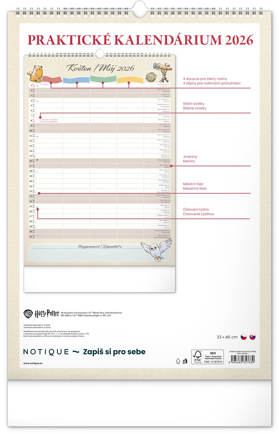 Nástěnný kalendář Rodinný plánovací Harry Potter 2026, 33 x 46 cm