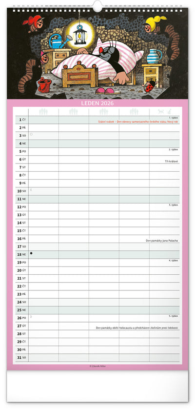 Nástěnný kalendář Rodinný plánovací Krteček 2026, 21 x 42 cm