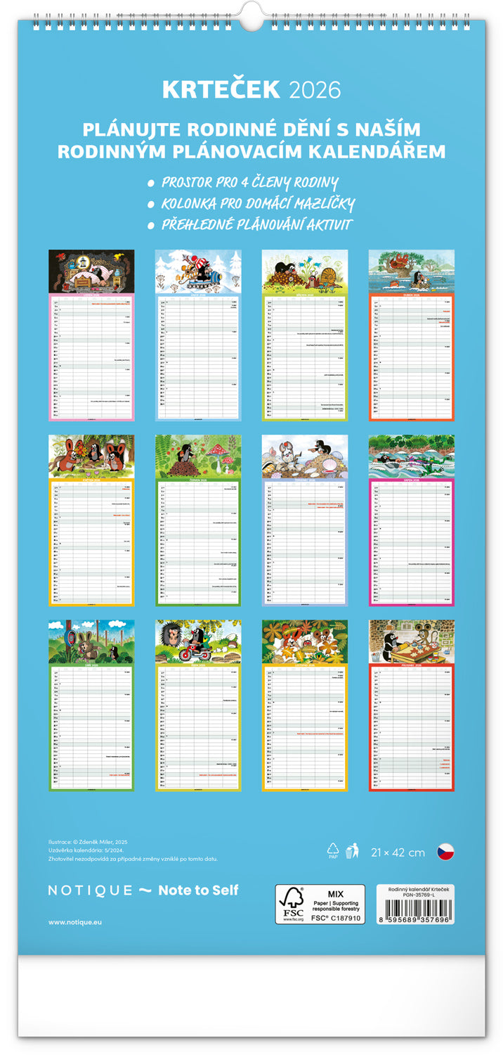 Nástěnný kalendář Rodinný plánovací Krteček 2026, 21 x 42 cm