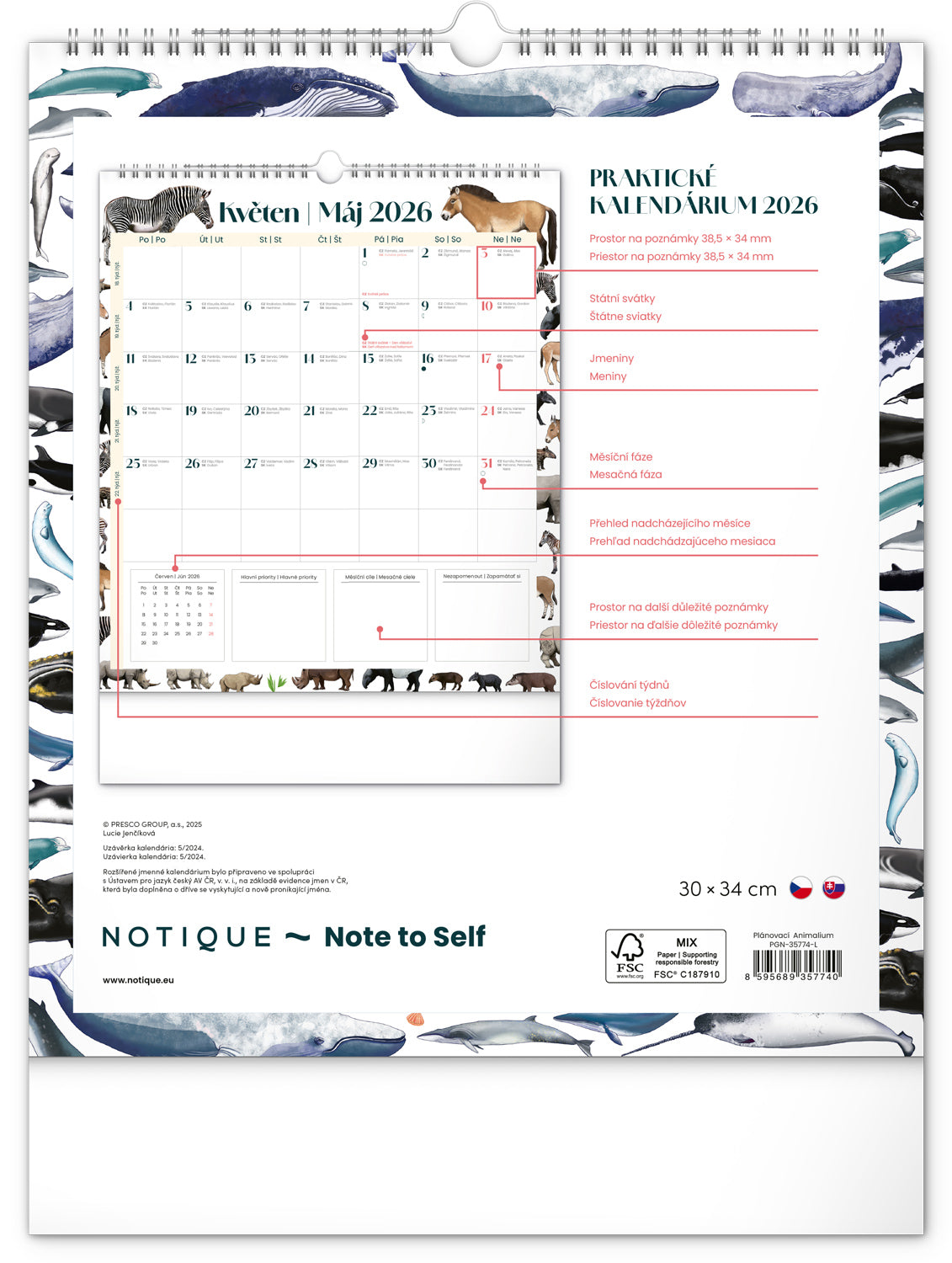 Nástěnný plánovací kalendář Animalium 2026, 30 x 34 cm