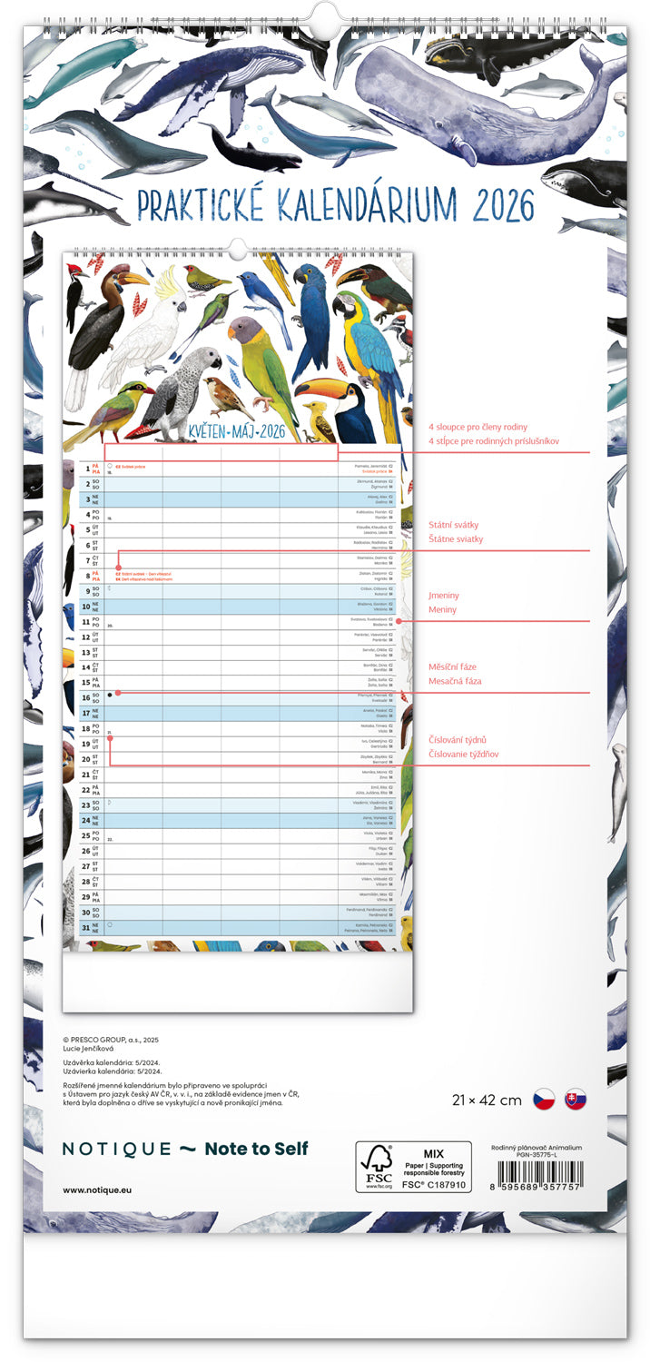 Nástěnný kalendář Rodinný plánovací Animalium 2026, 21 x 42 cm