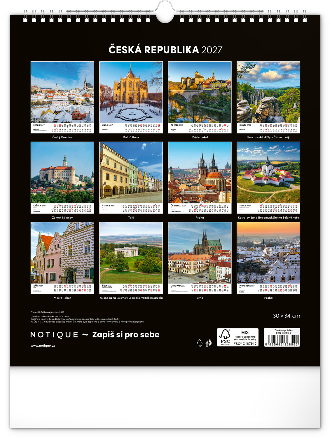 Nástěnný kalendář Česká republika 2027, 30 x 34 cm