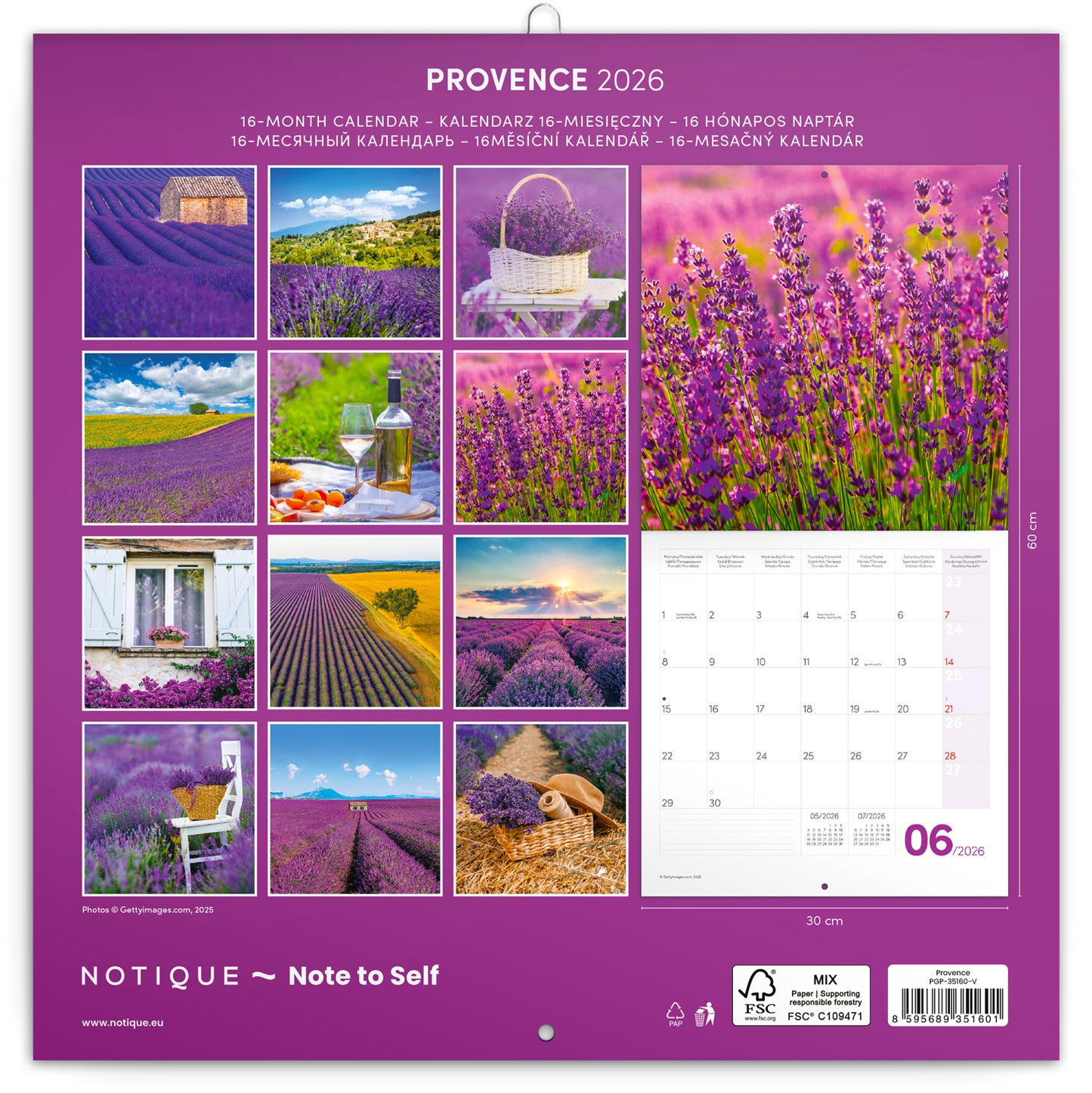 Poznámkový kalendář Provence 2026, 30 x 30 cm