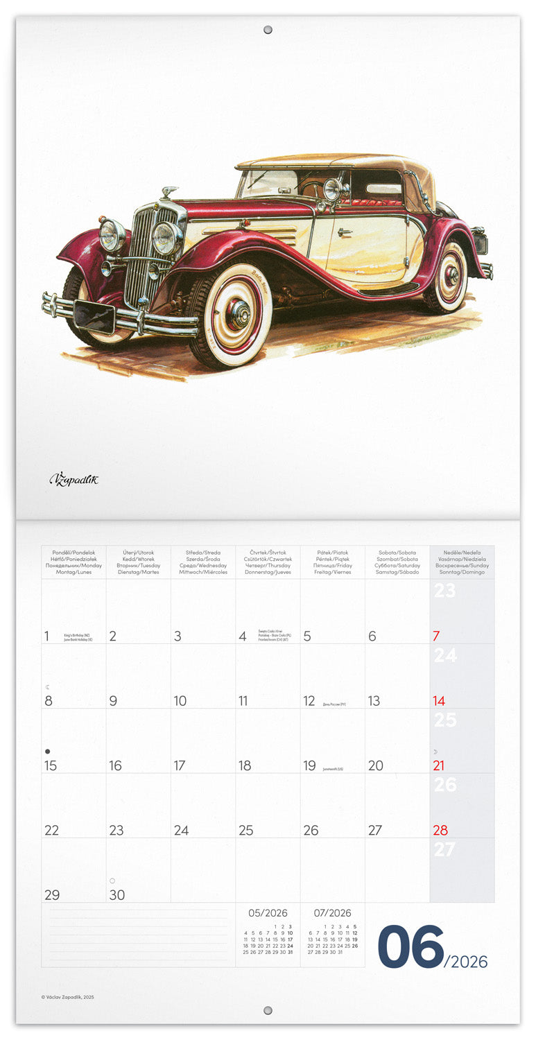 Poznámkový kalendář Classic Cars – Václav Zapadlík, 2026, 30 x 30 cm