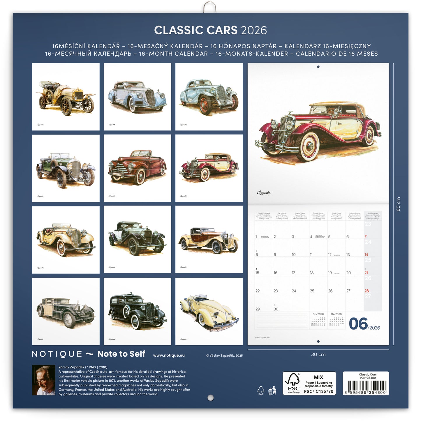 Poznámkový kalendář Classic Cars – Václav Zapadlík, 2026, 30 x 30 cm