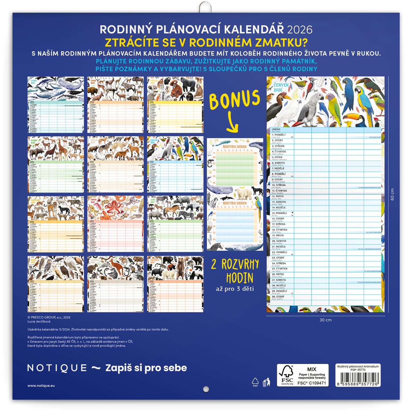 Rodinný plánovací kalendář Animalium 2026, 30 x 30 cm