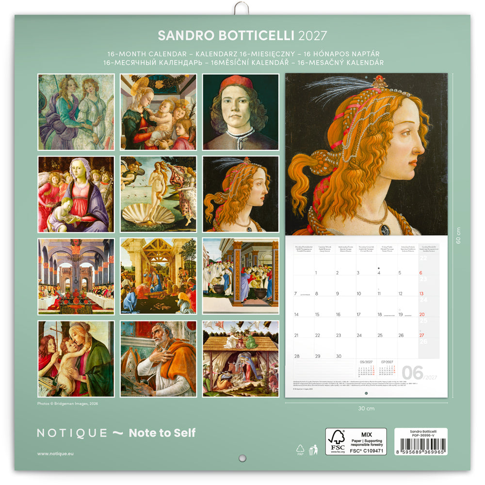 Poznámkový kalendář Sandro Botticelli 2027, 30 x 30 cm