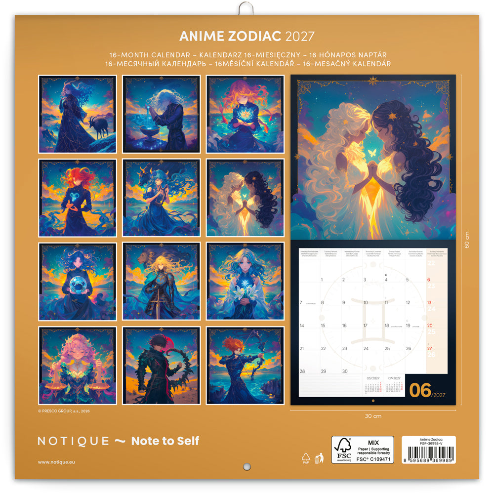 Poznámkový kalendář Anime Zodiac 2027, 30 x 30 cm