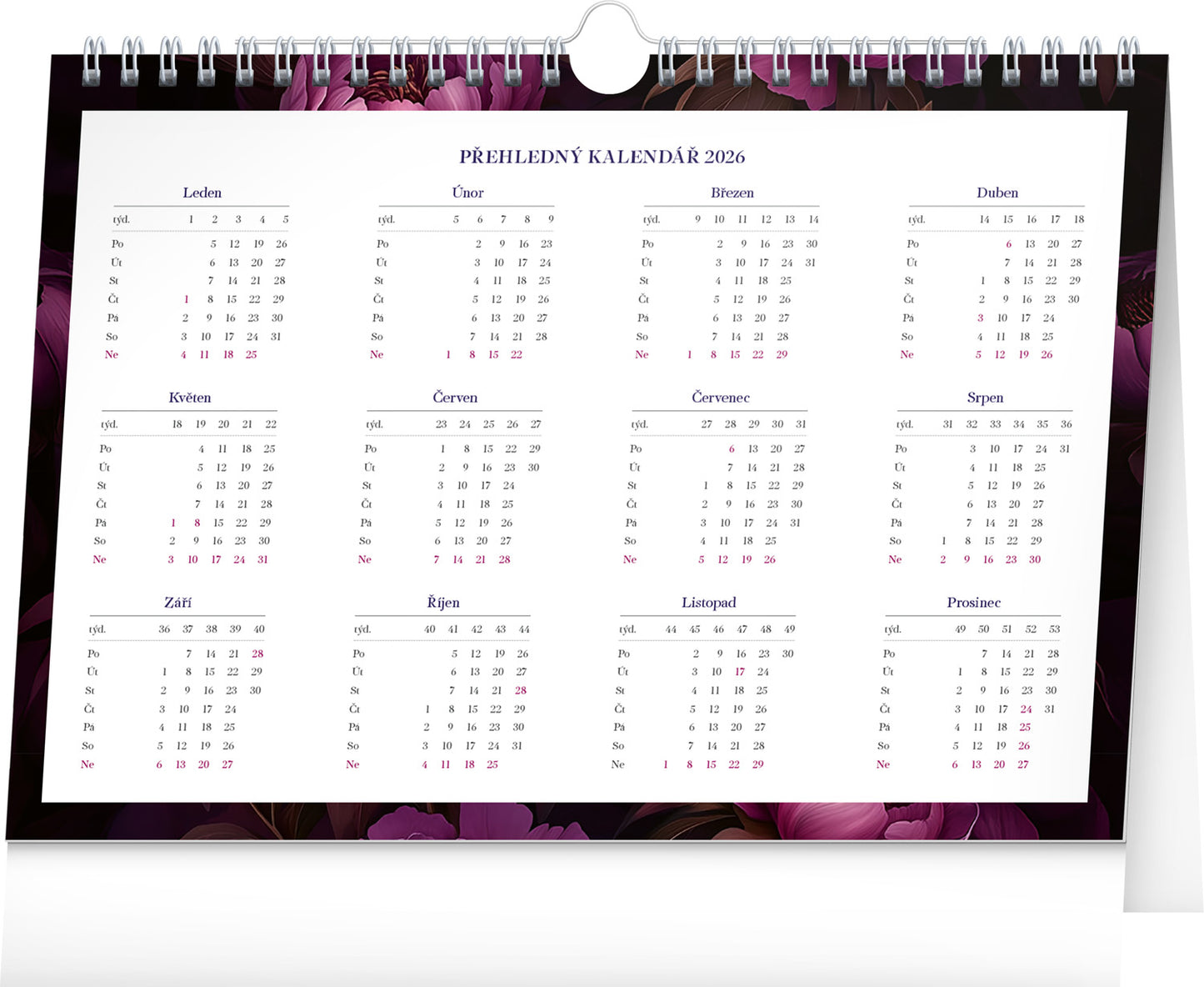 Týdenní plánovací kalendář Fialové květy 2026, 30 x 21 cm