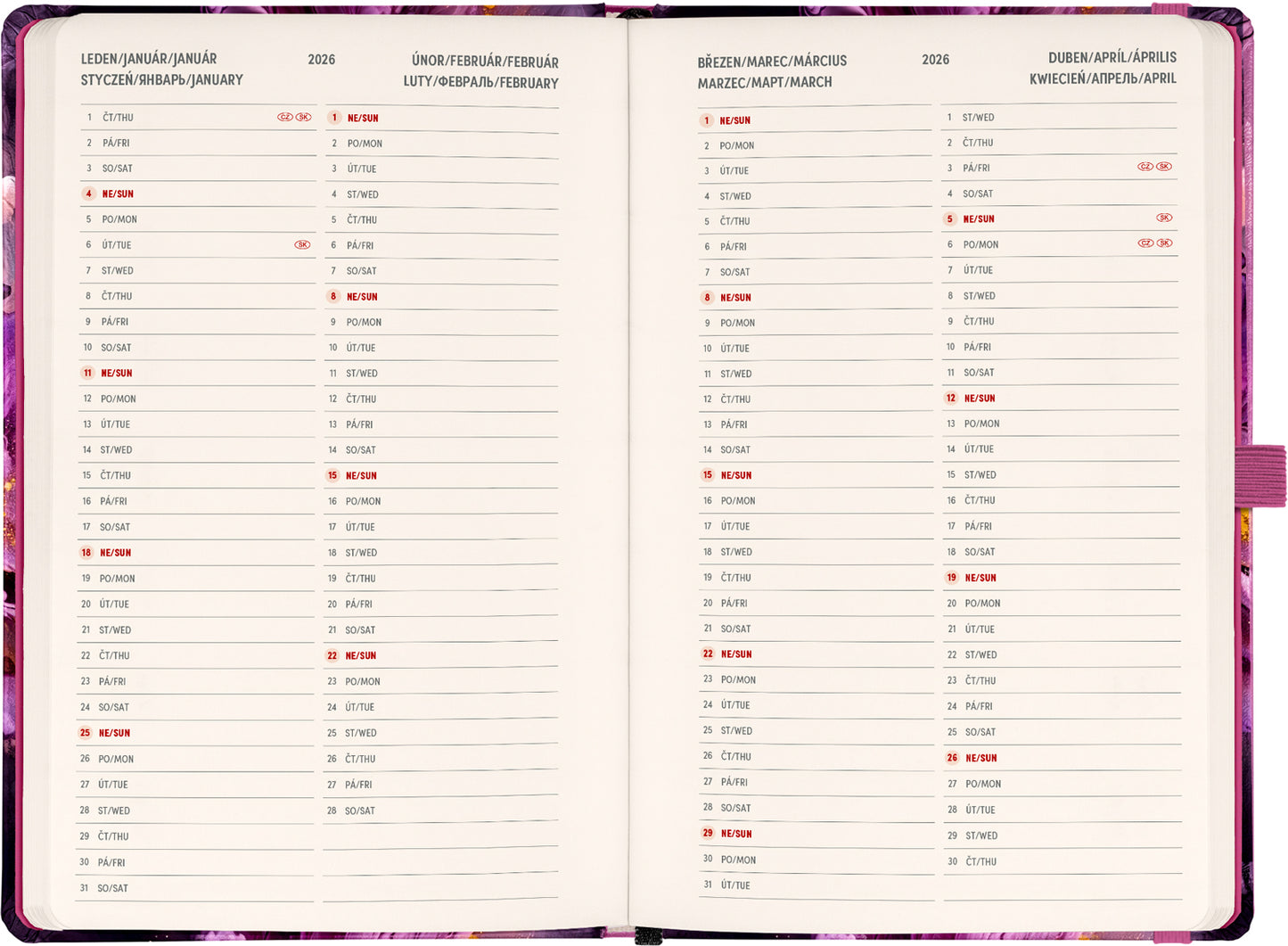 Týdenní diář Fialová 2025, 13 × 21 cm