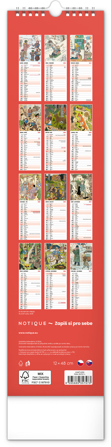 Nástěnný kalendář Josef Lada 2026, 12 x 48 cm