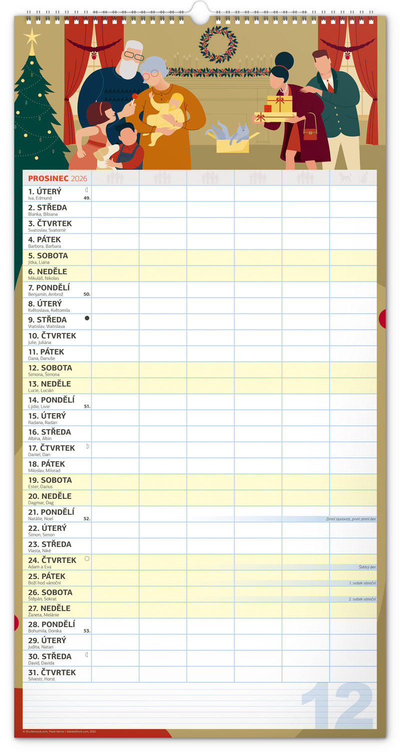 Nástěnný kalendář Rodinný plánovací XXL 2026, 33 x 64 cm