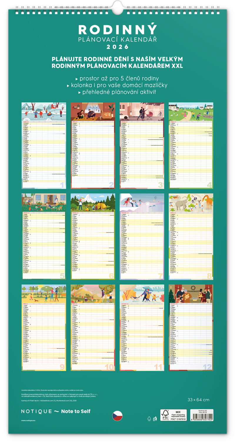 Nástěnný kalendář Rodinný plánovací XXL 2026, 33 x 64 cm